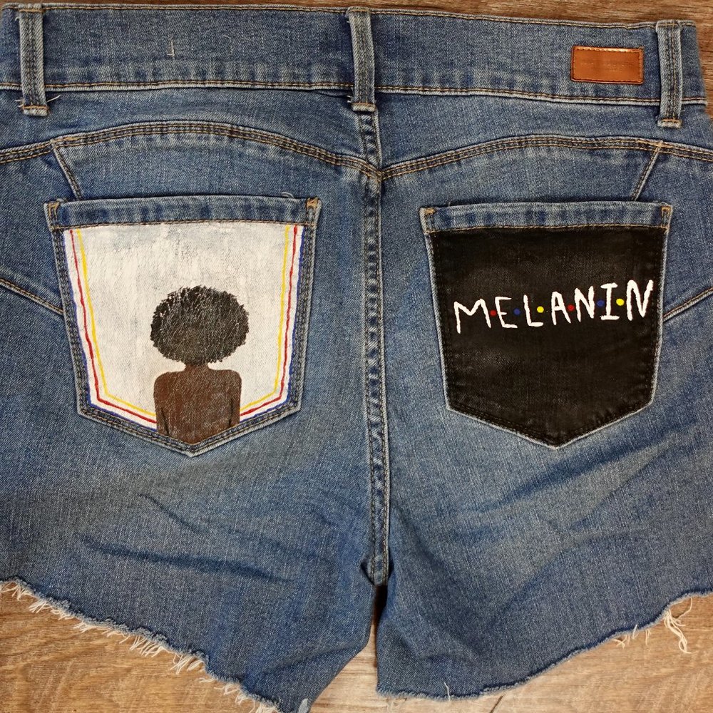 CUSTOM Melanin Black Girl Magic BLM Juicy Couture Denim Jean Shorts Sz 8 READ